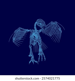 Skeleton of a bird is shown in blue. The skeleton is in a very detailed and realistic manner. The image has a mood of mystery and intrigue, as it is not a typical representation of a bird