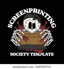 skeleton biting a screen printing squeegee retro cartoon emblem