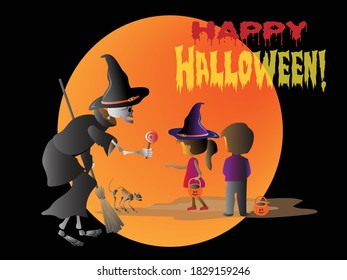 A skeleton in a black witch costume offers treats to little children next to a skeleton cat. Vector illustration for Halloween.