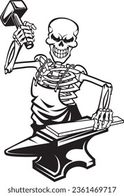 Skeleton blacksmith forging iron with sledgehammer