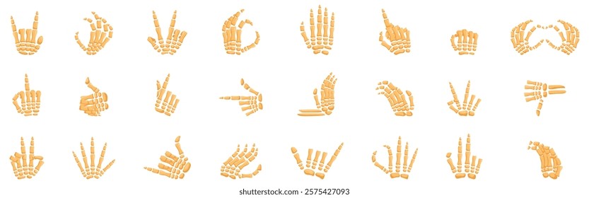 Skeleton bone gesture icons set. Collection of skeleton hands making different gestures, ideal for halloween or anatomy projects