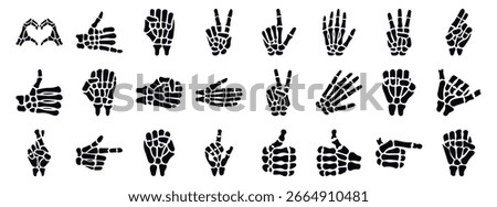  Skeleton bone gesture icons set. Collection of black and white skeleton hands making various gestures, creating a spooky and expressive visual