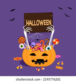 Skeleton bone hand hold wooden Halloween sign board, spooky monster hand out of sweet candy dessert pumpkin basket on purple background. Happy Halloween vector illustration, Autumn holiday celebration