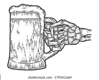 Skeleton bone hand holds beer. Sketch scratch board imitation.