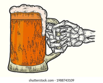 Skeleton bone hand holds beer color. Sketch scratch board imitation.