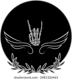 skeleton bone hand isolated black background and leaf frame in mystical illustration of heavy metal symbol, monochrome vector art design scary element gesture of  artistic drawing for rock music