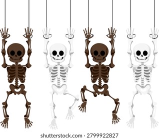 Skeleton bone hanging cartoon Halloween spooky celebration decoration diversity playful skeletons hanging with raised arms various skin tones festive and fun Halloween decoration joyful