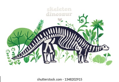 Skeleton and bones of a brontosaurus. Skeleton of a prehistoric dinosaur in flat cartoon style on green landscape with plants. Isolated vector illustration of a brontosaurus on a white background.