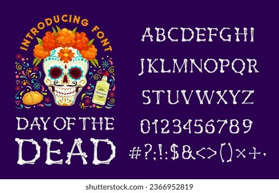 Skeleton bones font, Halloween type and Day of Dead typeface with human bones, vector English alphabet. Mexican Dia de Los Muertos font and text signs with skeleton bones letters for ABC typeface