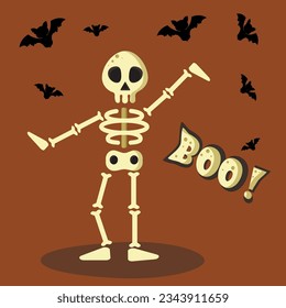 Skeleton  bones , halloween  party illustration , graphic design in orange color with bat.