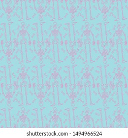 Skeleton and bones pink line pattern, cyan color background, halloween theme vector illustration for design and decoration, image