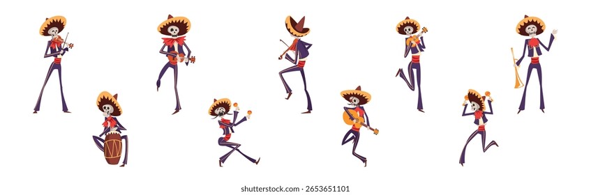 Skeleton Bony Character as Mexican Musician Play Musical Instrument Vector Set
