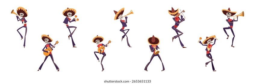Skeleton Bony Character as Mexican Musician Play Musical Instrument Vector Set