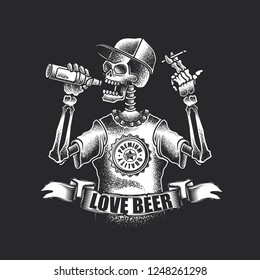 Skeleton with a bottle of beer and a cigarette in his hands. Monochrome vector illustration.
