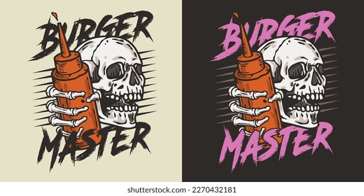 Skeleton with bottle sauce in hand for design of burger master. Skull, bones and hamburger for American fast food or USA food.