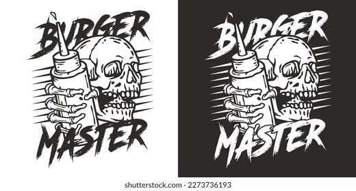 Skeleton with bottle sauce in hand for design of burger master. Skull, bones and hamburger for American fast food or USA food.