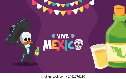 skeleton with bottle and shot tequila celebration viva mexico vector illustration