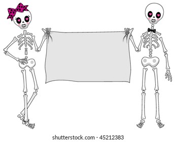 Skeleton Boy and Girl with heart pupils holding banner - Vector