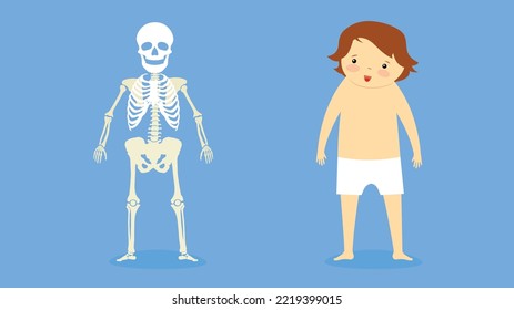 Skeleton y niño en pantalones cortos, ilustración