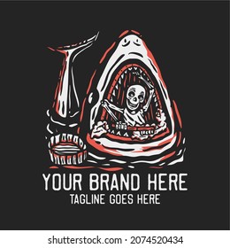 skeleton brushing shark jaw vintage t shirt design template