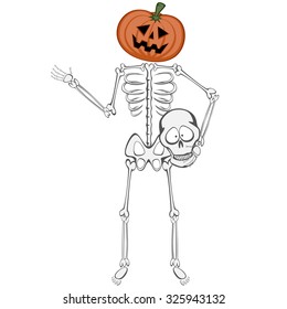 Skeleton Buddy - A funny skeleton mascot standing and holding his head (pumpkin on neck)