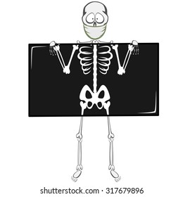 Skeleton Buddy - A funny m.d. skeleton in medical mask is holding an x-ray glass