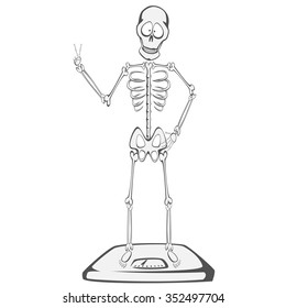 Skeleton Buddy - A skeleton is standing on a scale and showing victory sign (successful diet)