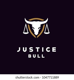 Skeleton Bull Buffalo Longhorn Shield silhouette and Justice Scales Law Court Lawyer Legal logo design 