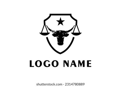 Skeleton Bull Buffalo Longhorn Shield silhouette and Justice Scales Law Court Lawyer Legal logo design