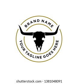 skeleton bull head, bull skull badge emblem label logo design template. vector illustration of bull, cow, buffalo, bison skull