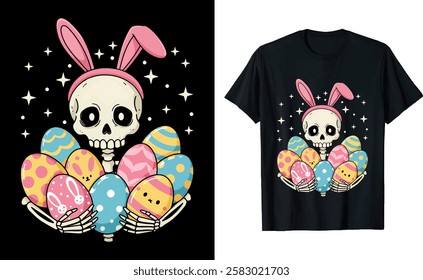 Skeleton With Bunny hair band Easter Eggs Vector Art T-Shirt Design