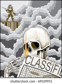 Skeleton Burning Classified Document Under Guard is an illustration of a skeleton burning a classified document in a fire pit while under armed guard by a figure in a protective chemical suit.