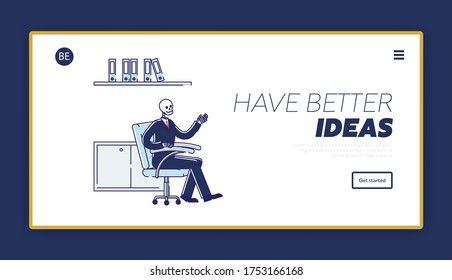 Skeleton business man. Landing page template with workaholic and procrastination concept. Workload professional worker burnout at work concept. Linear vector illustration