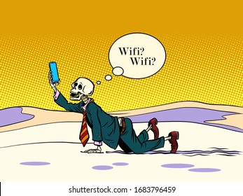 skeleton businessman looking for Wi Fi. Comics caricature pop art retro illustration drawing