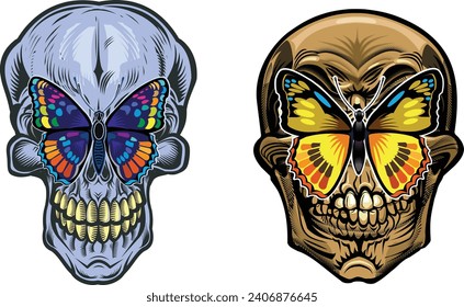 Skeleton and butterfly in blue and yellow colors