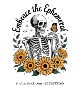 Skeleton with butterfly and sunflowers, a serene image.