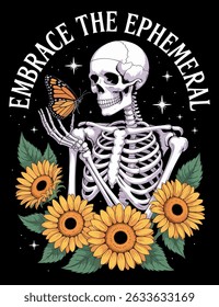 Skeleton with butterfly and sunflowers, a serene image.