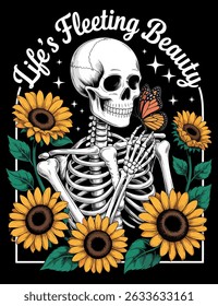 A skeleton with a butterfly, surrounded by sunflowers, in a graphic design vector illustration