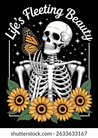 A skeleton with a butterfly, surrounded by sunflowers, in a graphic design vector illustration