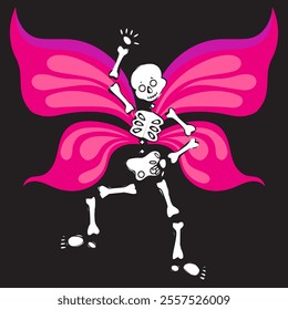 Skeleton with butterfly wings on a black background. Vector illustration.