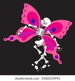 Skeleton with butterfly wings on a black background. Vector illustration.