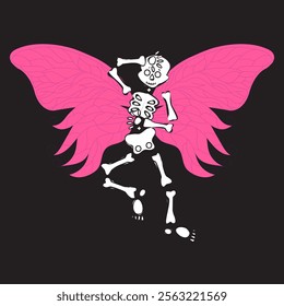 Skeleton with butterfly wings on a black background. Vector illustration.
