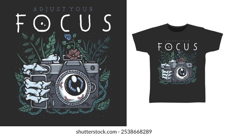 Skeleton Camera Floral tshirt dark art fashion designs.