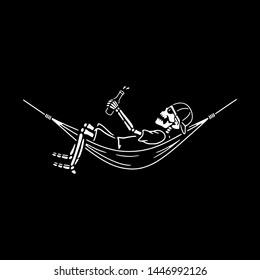 SKELETON CAMPER IN HAMMOCK WHITE BLACK BACKGROUND