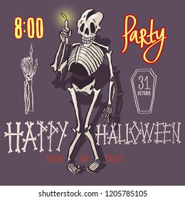 Skeleton with a candle, happy Halloween. Color vector illustration for the design of cards, invitation, flyers, packaging.