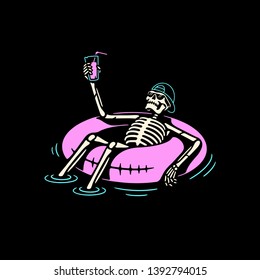 SKELETON IN CAP CHILLING WITH COCKTAIL AND SWIM RING COLOR BLACK BACKGROUND