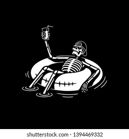 SKELETON IN CAP CHILLING WITH COCKTAIL AND SWIM RING WHITE BLACK BACKGROUND