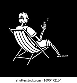 Skeleton in a cap with a cigarette on black background
