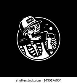 SKELETON WITH CAP AND COCKTAIL BADGE WHITE BLACK BACKGROUND