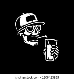 SKELETON IN A CAP DRINKS COCKTAIL BLACK BACKGROUND